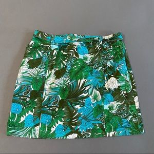 Green and blue palm leaf print mini skirt
